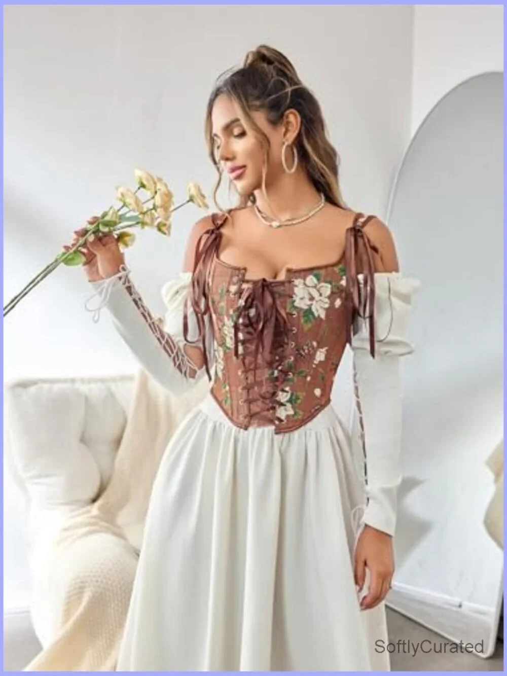 Vintage Floral Bustier Corset Top Lace Up Sweetheart Neck Slim Fit